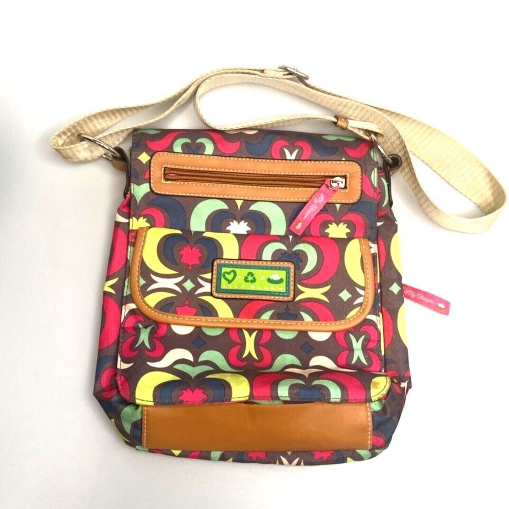 LILY BLOOM Canvas Navy Floral Faux Leather Trim Adjustable Crossbody Purse Bag-